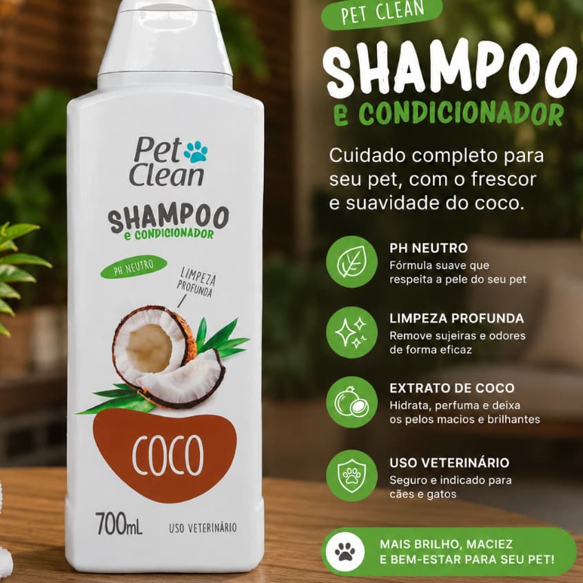 Shampoo e Condicionador para Cães e Gatos Pet Clean Coco Pré-Lavagem 700ml
