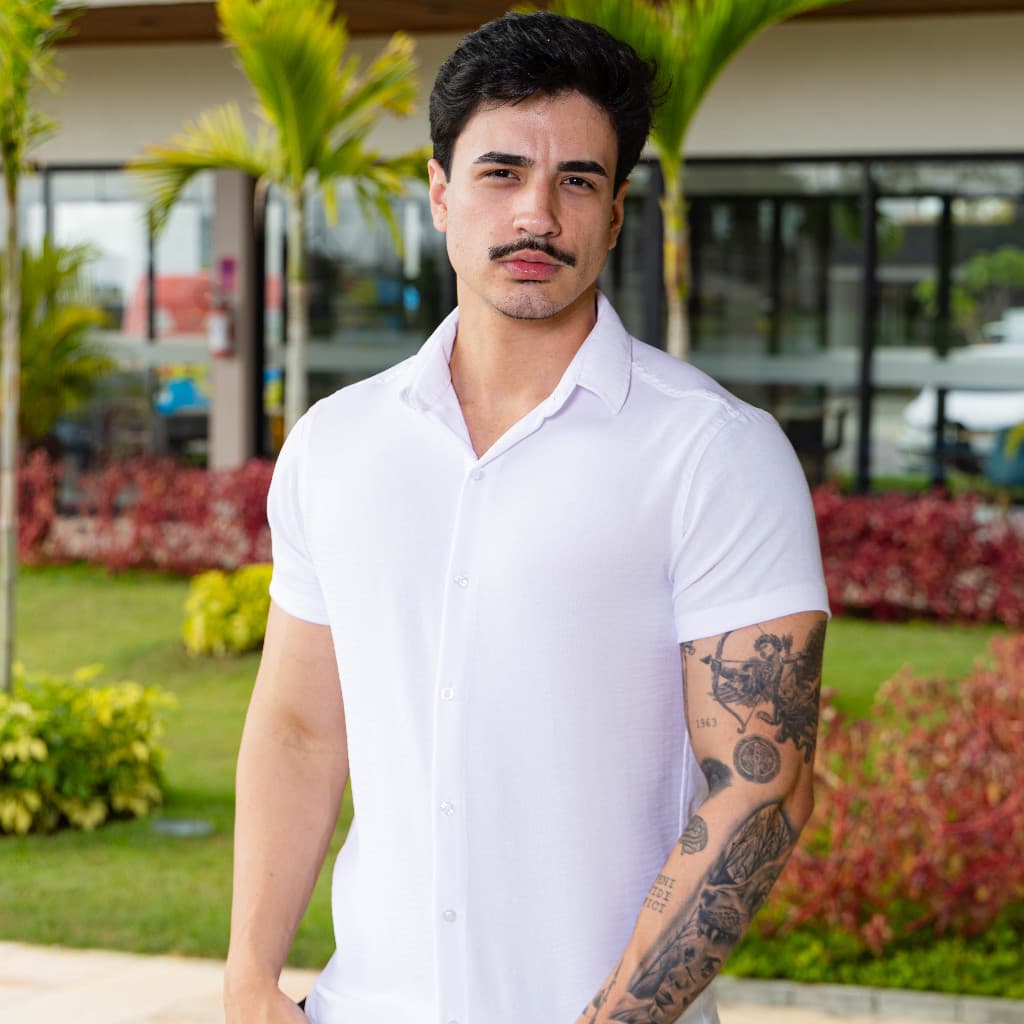 Camisa Social Masculina Manga Curta Lycra Slim Fit Confortável Verão