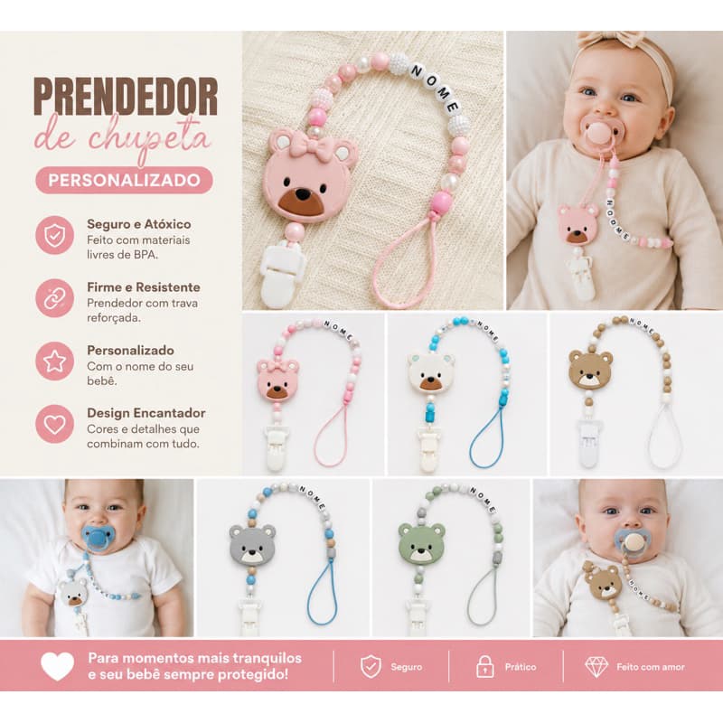 Prendedor de Chupeta Personalizado com Nome | Silicone Livre de BPA | Ursinho Menino e Menina | Porta Chupeta Bebê