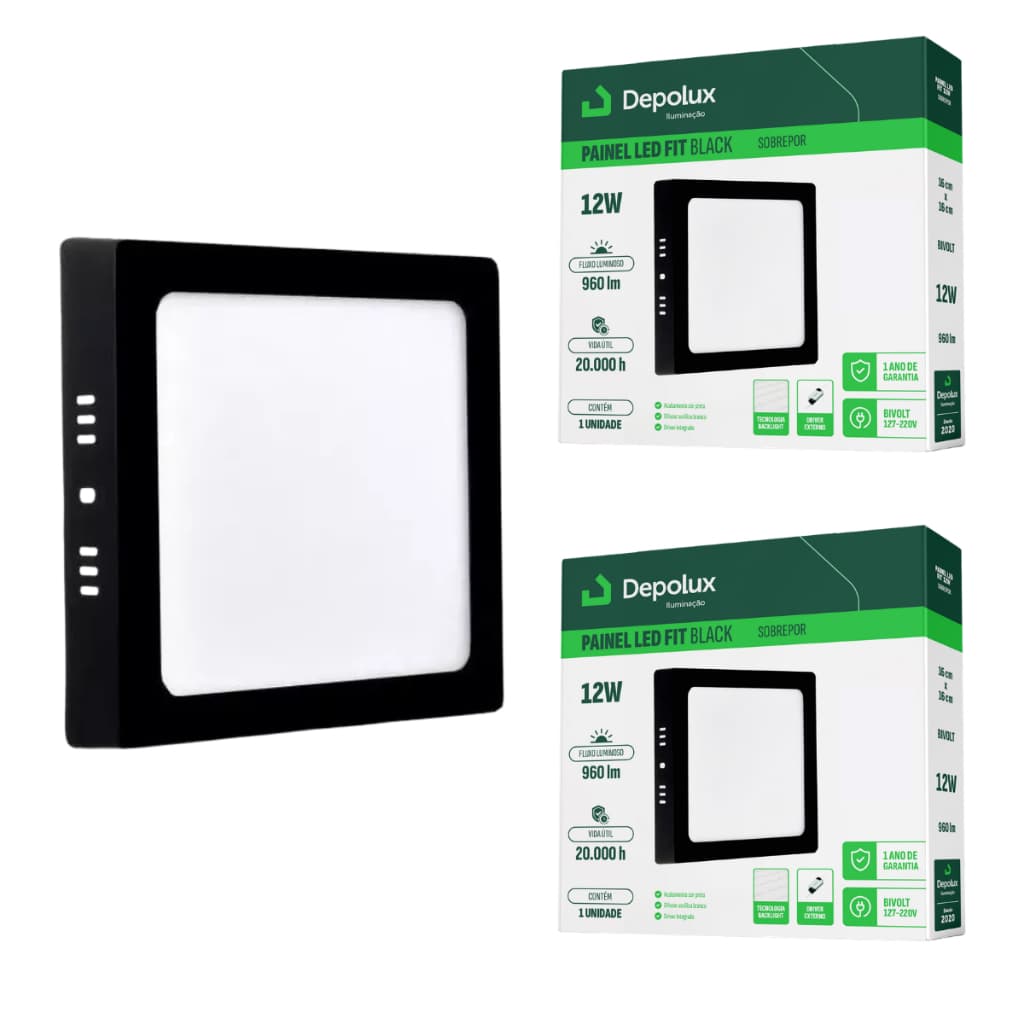 Kit 3 Painel Led Plafon 12w Quadrado Sobrepor Teto Luminária Teto Preto Bivolt 110/220V