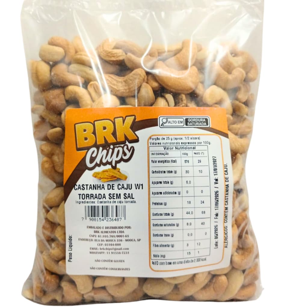 Castanha de Caju Premium Torrada W1 250g 500g 1kg | Snack Saudável Natural | BRK Chips