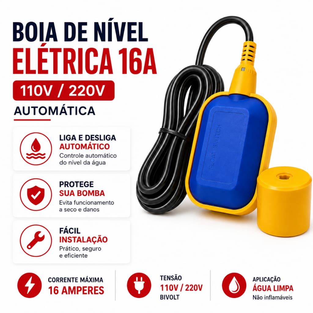 Chave Boia Elétrica Automática 16A Cabo 1,5m Controlador de Nível para Bomba Caixa D’Água Cisterna Reservatório Maxmulti