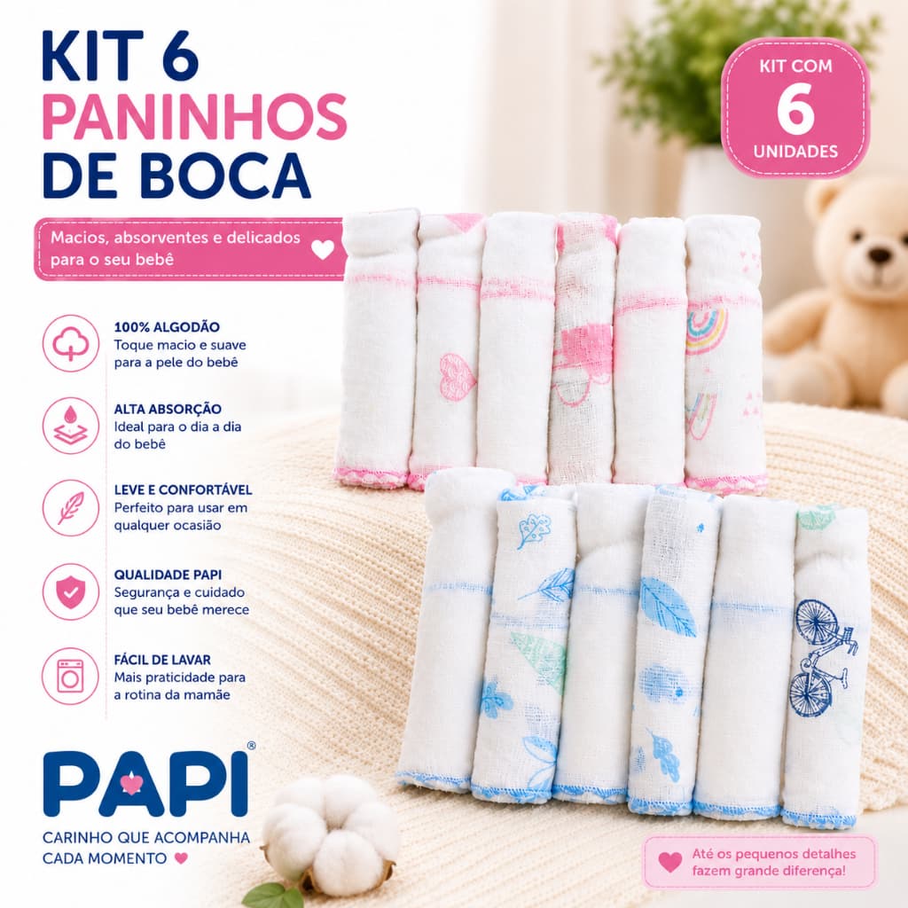 Kit 6 Babetes Paninhos Fralda de Boca Enxoval Bebê Menino Menina Recém Nascido-Enxoval