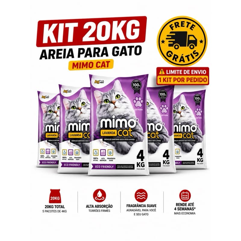 Kit 5 Areia Sanitária para Gato Mimo Cat 4kg Premium Controle de Odor Alta Absorção Lavanda