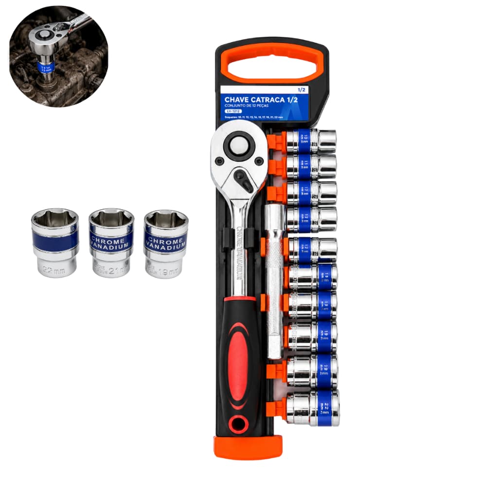 Jogo Chave Catraca 1/2 Com Soquetes 10-22MM Cromado 12 Peças Premium