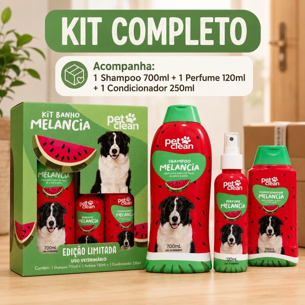 Kit Banho Pet Para Cachorro Sabor Melancia Shampoo Condicionador Perfume Pet
