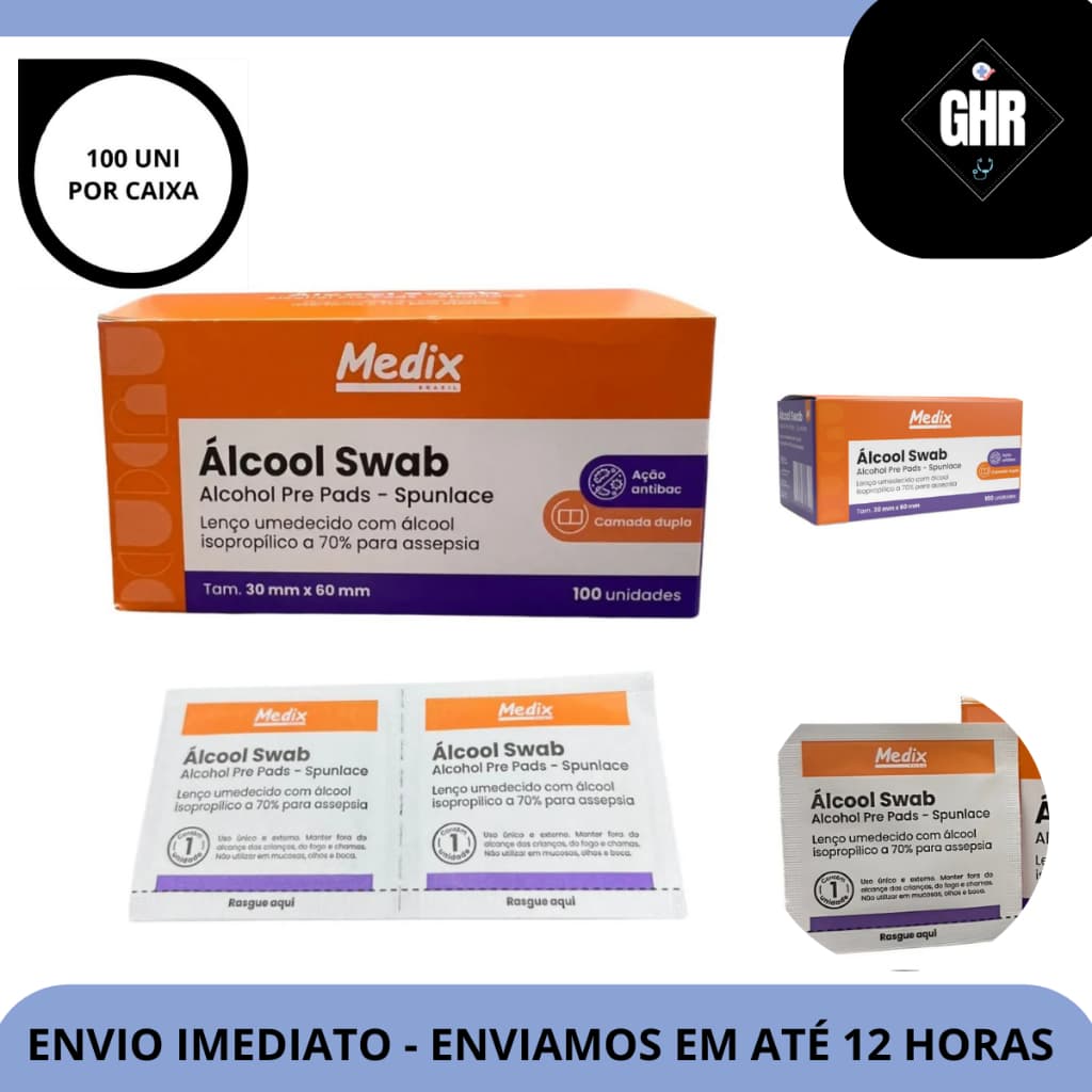 KITS Álcool Swabs 70% Lenços CX C/100UNI - MEDIX