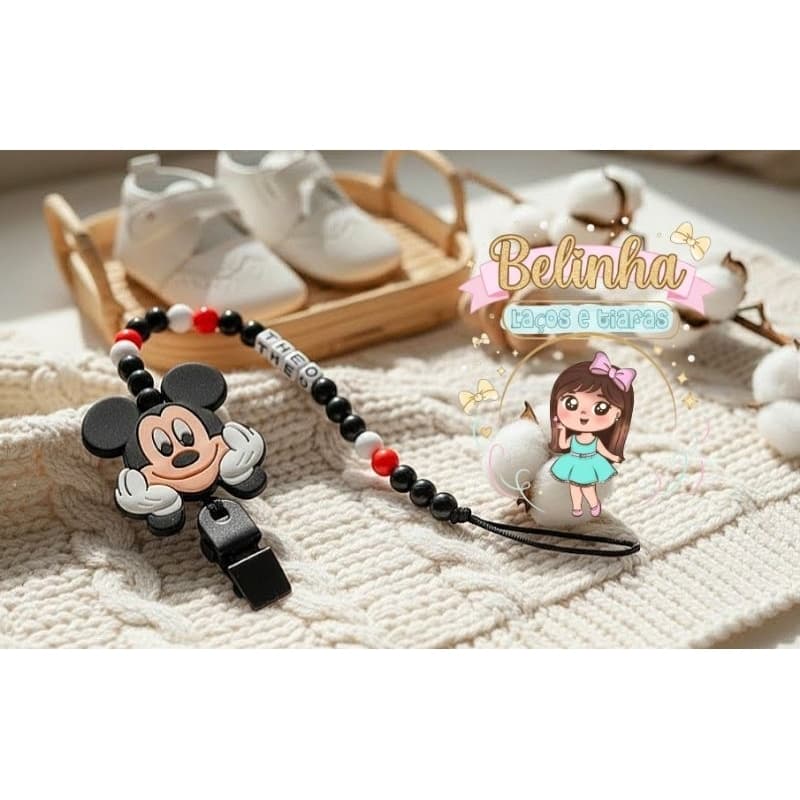 Prendedor de Chupeta Personalizado com Nome Mickey Preto Prendedor Chupeta Bebê Menino Presente Maternidade Artesanal