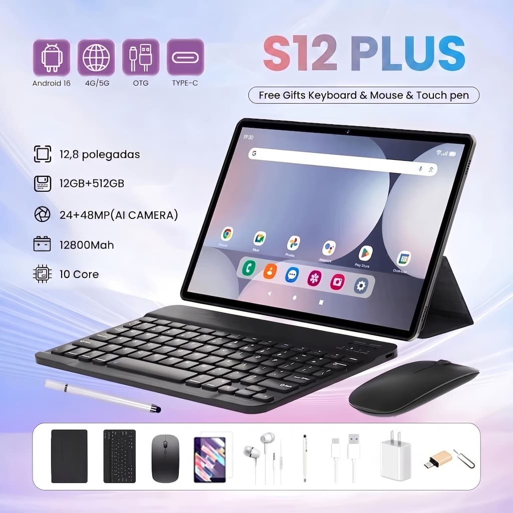 Free Keyboard & Mouse S12 Plus Tablet Android Tela Grande 12.8 FHD 12+512GB WiFi 5G Uso Trabalho Estudo 12800mAh