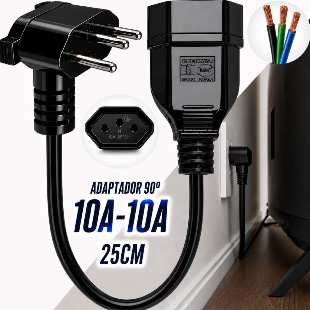 Adaptador De Tomada Elétrica 10A Para 10A 90 Graus Bivolt TV Monitor Notebook Roteador Modem Rack Painel LEF