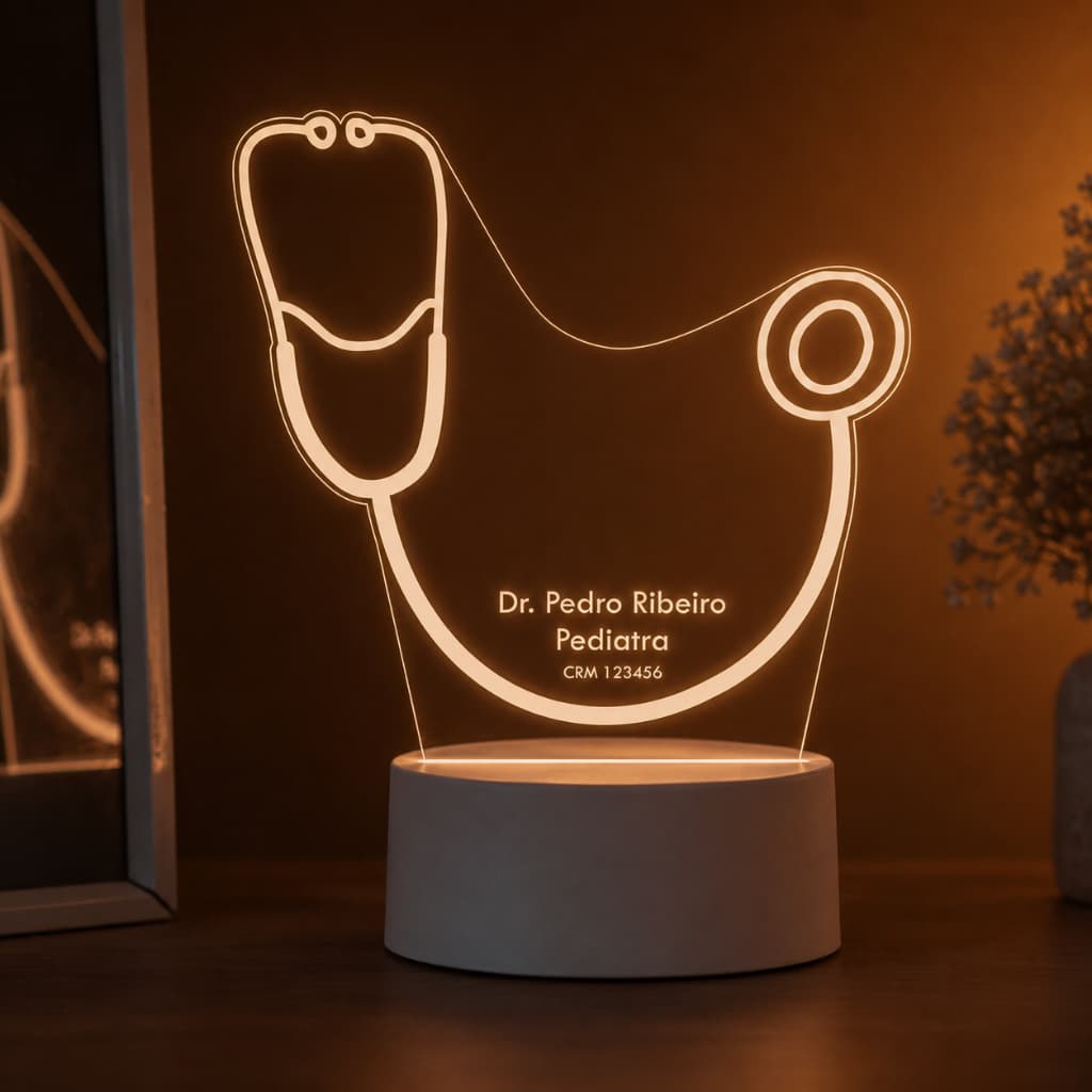 Luminária led 3Dpersonalizado com o nome e especialidade - estetoscópio, médico