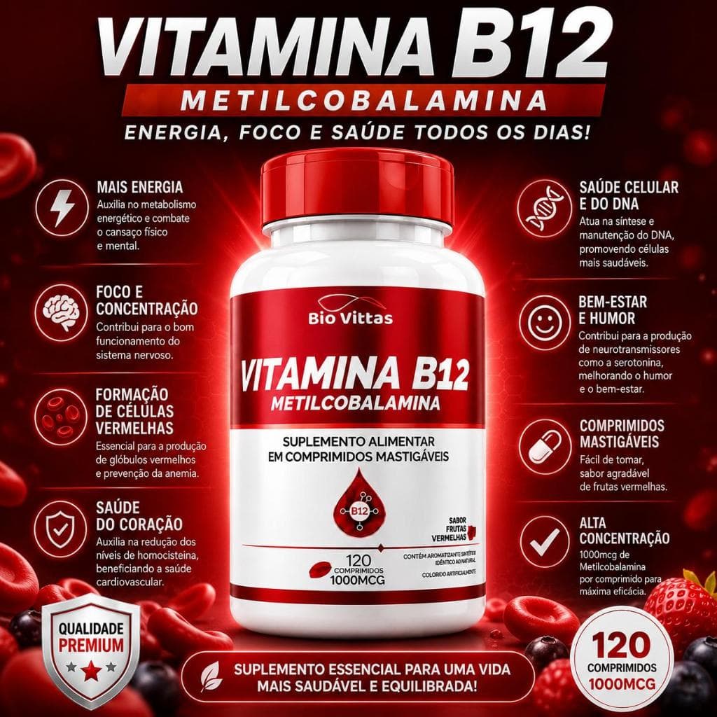 VITAMINA B12 METILCOBALAMINA 1000mcg - 120 COMPRIMIDOS MASTIGÁVEIS - SUPLEMENTO ALIMENTAR