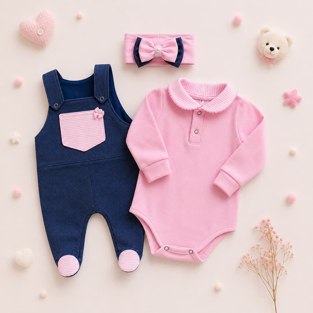 Macacão Body Bebê Menina Roupa Infantil Manga Longa com Jardineira Chiquinha 3 peças