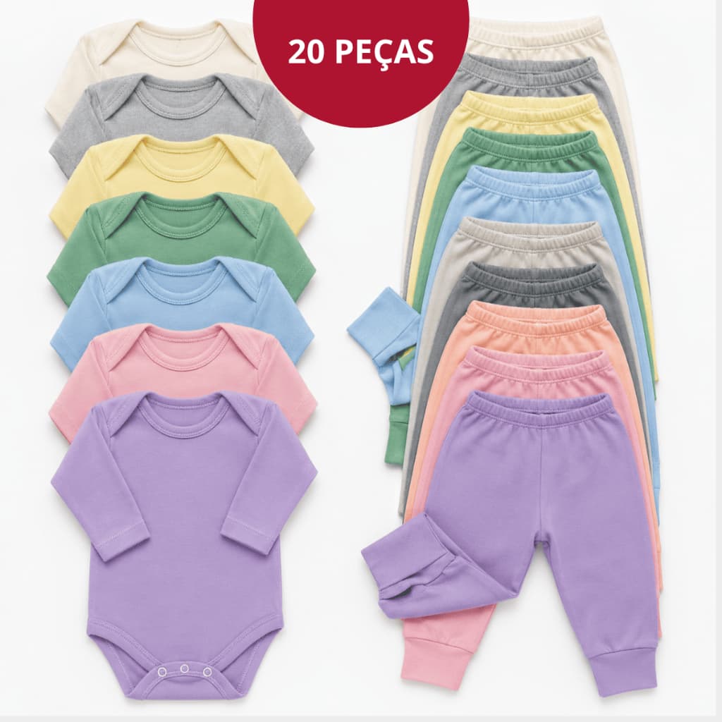 Kit 20 Peças Enxoval Infantil Roupa de Bebê Body Manga Longa e Mijão Vira Pé Menino Menina Dia a Dia