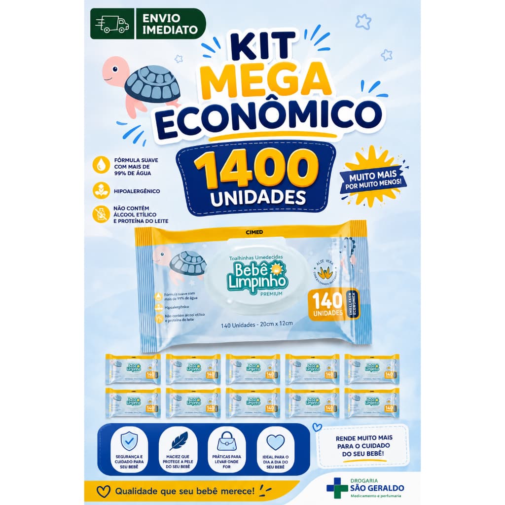 Kit 1.400 Toalhas Umedecidas Bebê Limpinho Cimed – Lenço Umedecido Infantil Suave Hipoaler