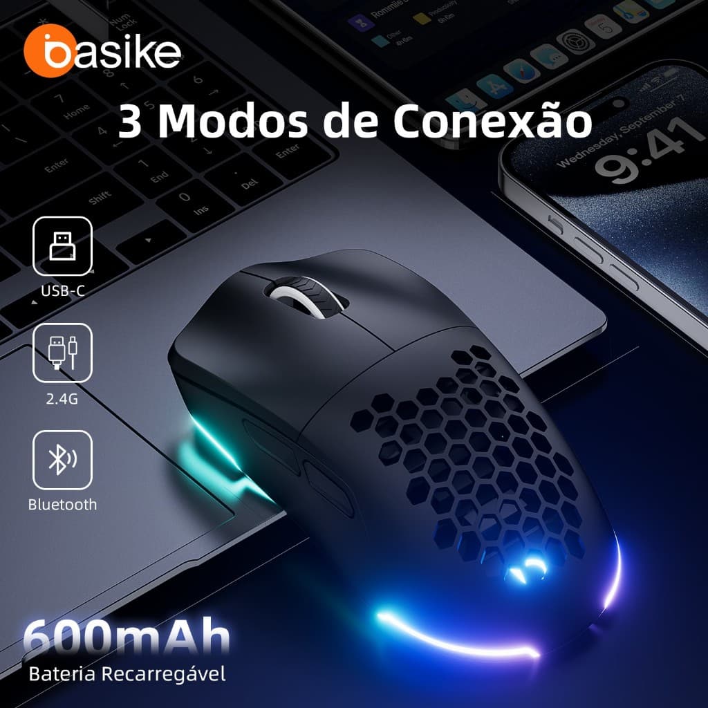 Mouse Gamer Basike Sem Fio 3 Modos: Bluetooth + 2.4G + USB | 12.8K DPI | 600mAh Recarregável | RGB Botões Programáveis