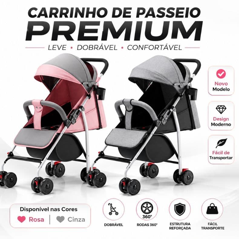 Carrinho de Bebê Passeio Vira Berço Compacto com alça reversível Menina Menino