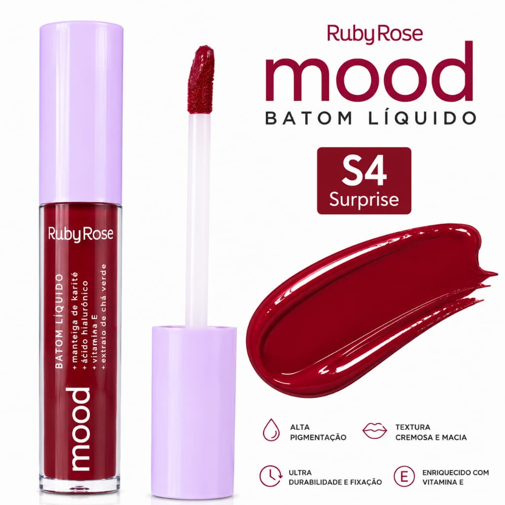 Batom Líquido Matte Mood Ruby Rose - Alta Pigmentação / Acido Hialurônico / Vitamina E / Cor 4 Surprise