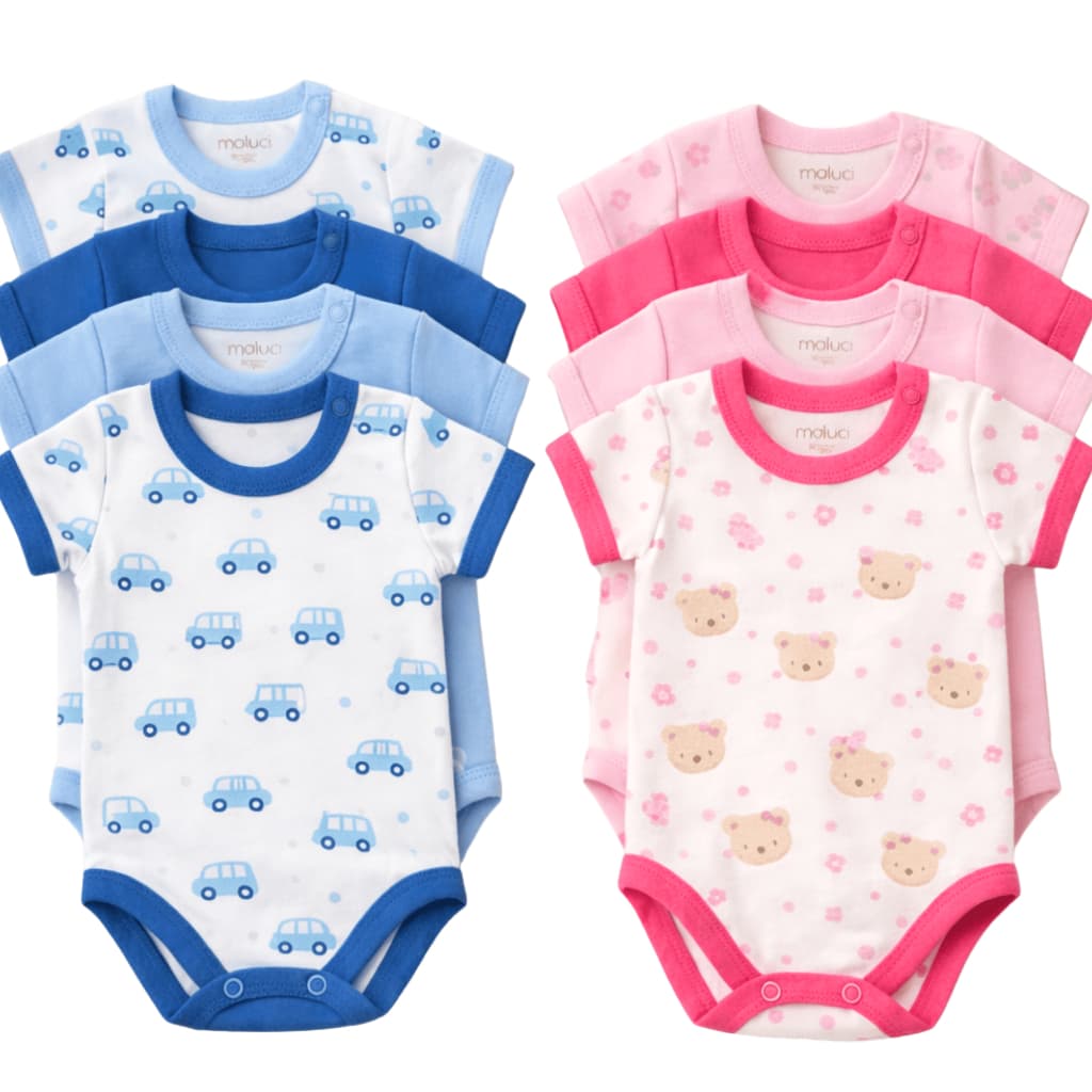 Kit 4 Body Bebê Menino Menina Malha Canelada Algodão Manga Curta Verão RN P M G Enxoval Recém Nascido