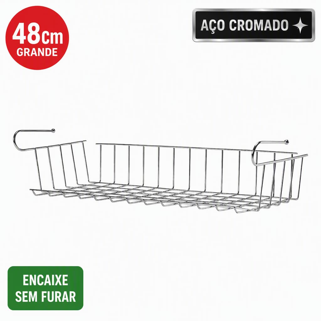 Cesto Organizador Armário Suspenso 48cm Aço Cromado Aramado Encaixe Sem Furar Cozinha Banheiro Lavanderia Quarto Arthi