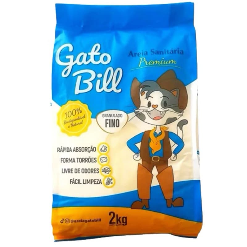 Areia Sanitária Gato Bill 2kg Biodegradável, Absorção Rápida, Poeira Reduzida