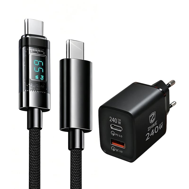 Cabo Carregador Carregamento Rápido Tipo C iP Visor Digital LED 1M Trançado de nylon Com Adaptador GaN