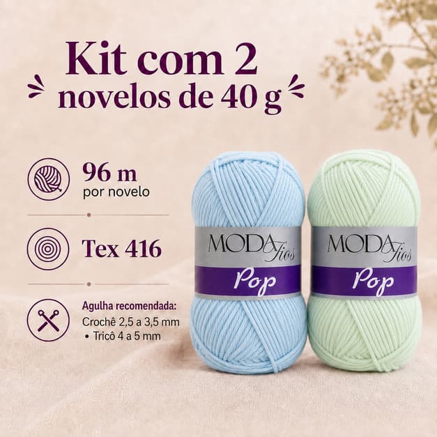 Kit 2 Novelos Fio Lã Acrílica Pop Moda Fios 40g 96m Crochê Tricô Amigurumi Artesanato