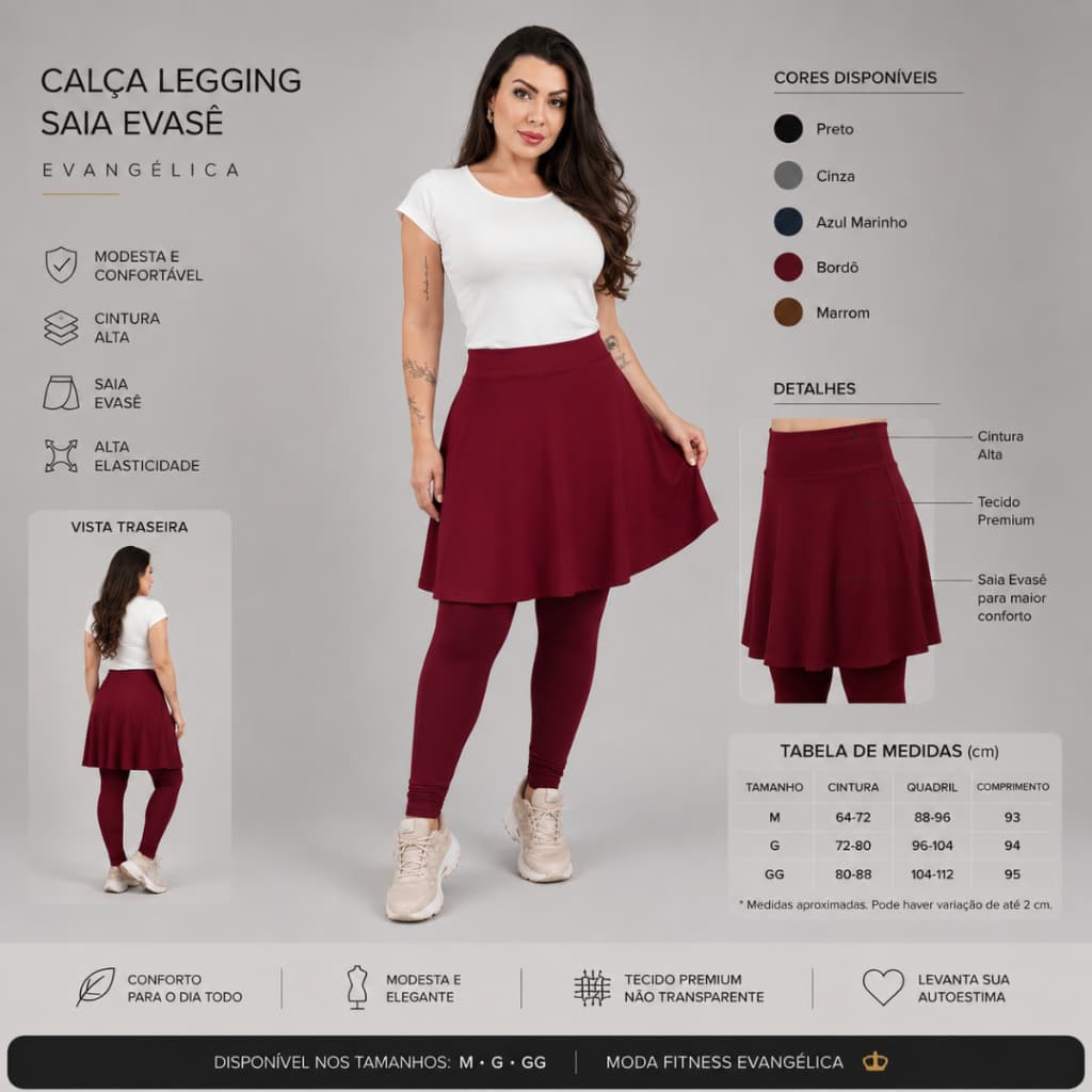 Calça Legging Saia Evasê Evangelica Academia Fitness Yoga Casual Caminhada