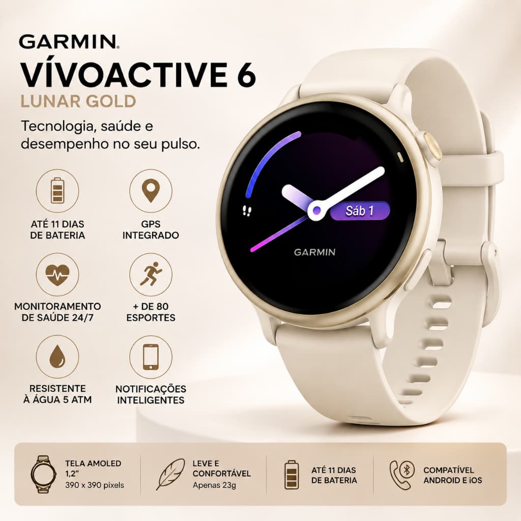 Relogio Smartwatch VivoActive 6 42mm Lunas Gold Amoled Monitor Cardíaco Original Lacrado Garantia