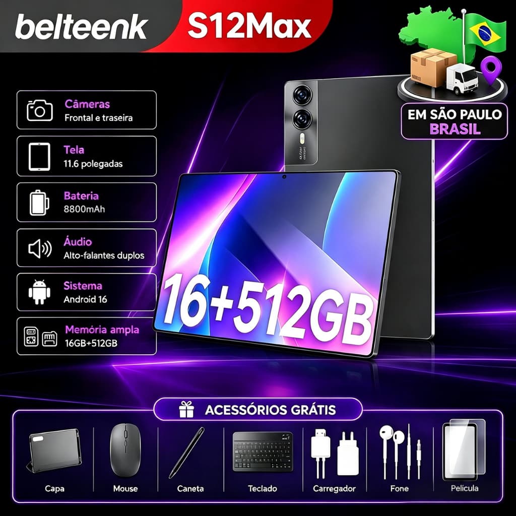Belteenk Com Teclado e Mouse Grátis | Tablet S12Max: 16GB RAM 512GB | Android 16 | Tela 11.6" HD | 5G | Bateria 8800mAh