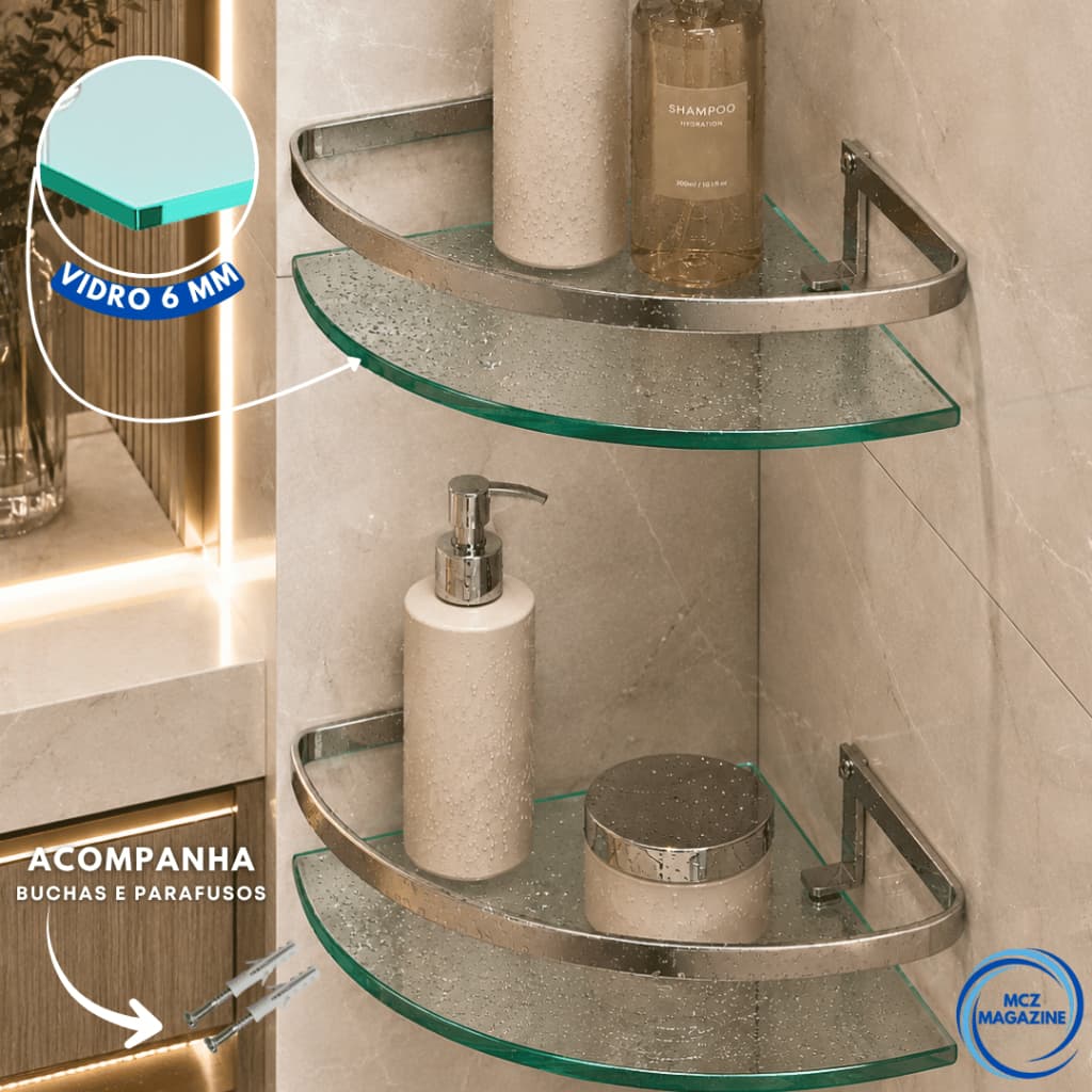 Kit 2 Prateleira Porta Shampoo Banheiro Alumínio Vidro Canto Antiferrugem Suporte Parede Organizador