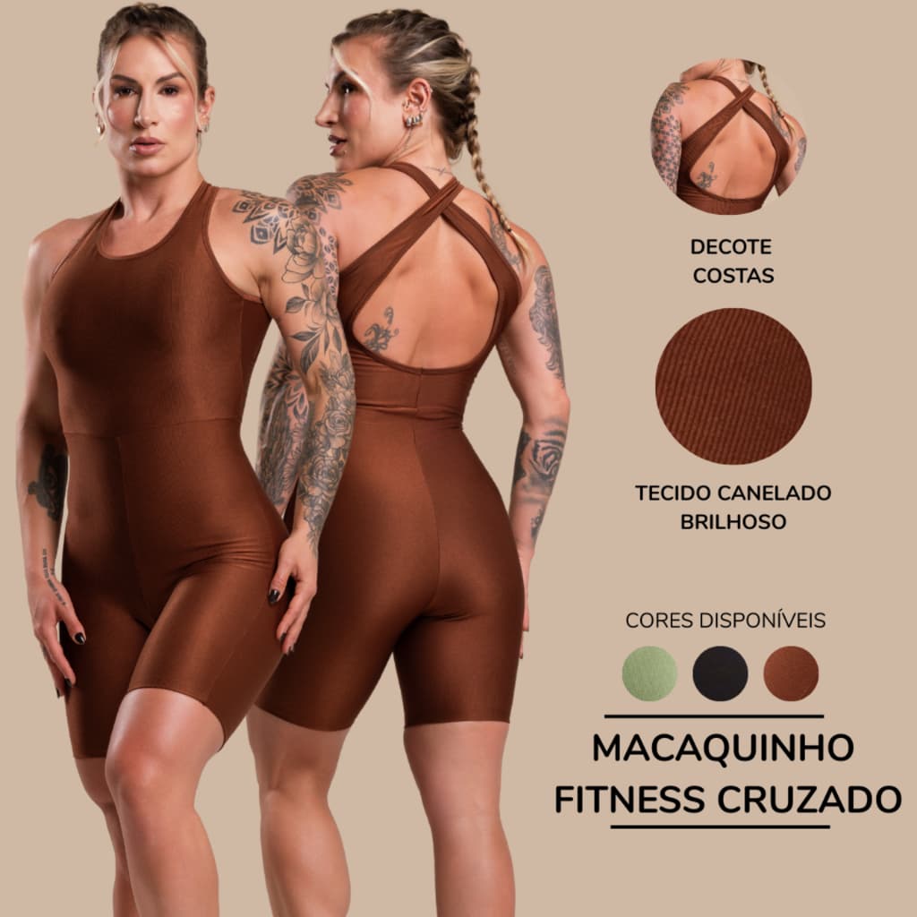 Macaquinho Macacão Canelado Brilhoso Academia Fitness Cruzado Alça Costas Feminino Com Brilho