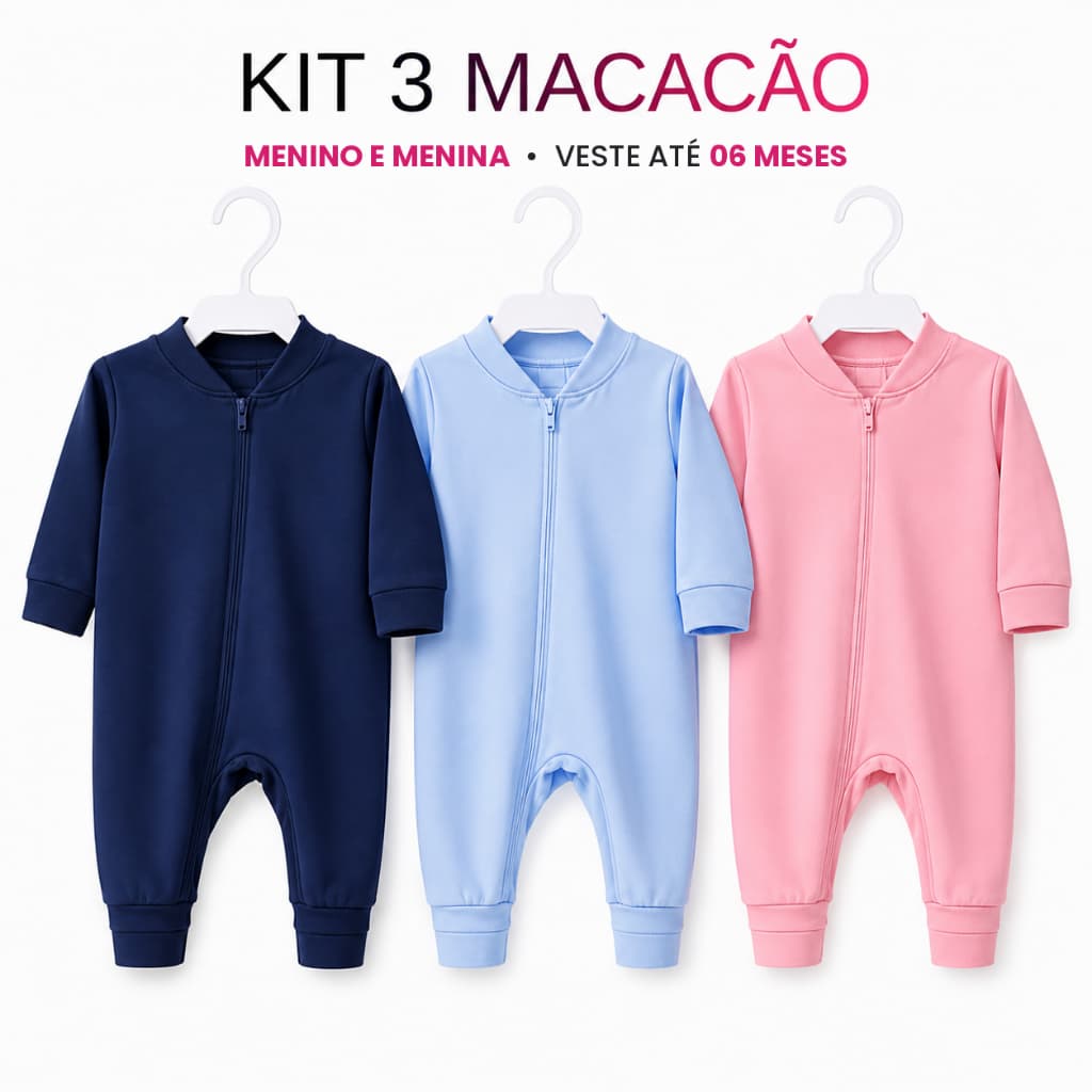 Kit 3 Macacão Bebê Manga Longa Zíper Vira Pé Algodão Anti Alérgico Recém Nascido Menino Menina Enxoval Maternidade
