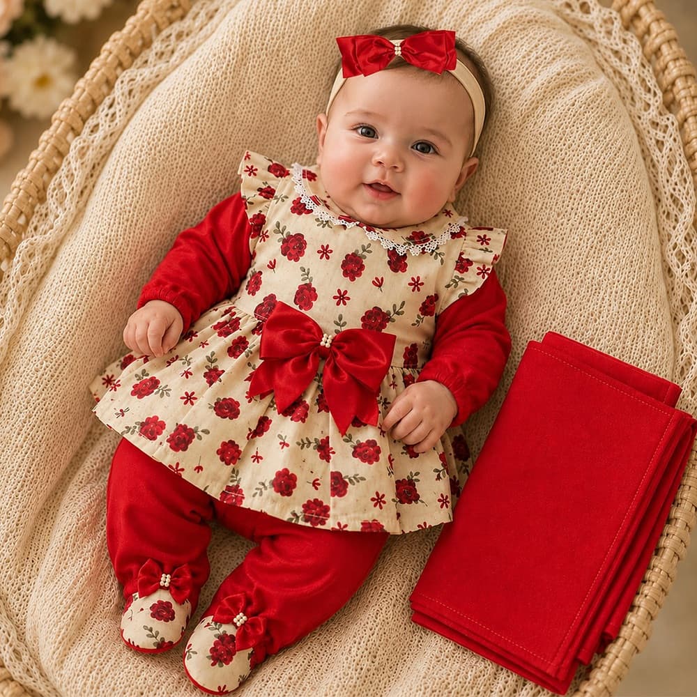 Saída de Maternidade Para Bebe Menina Vermelho Flor 04 Peças Bela Rosa Bordô Roupas Roupa Para Bebê