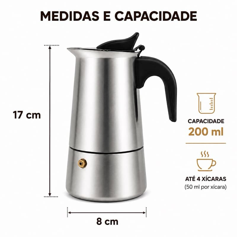 Cafeteira Italiana Inox Expresso 200ml Café 4 xícaras Aço Inox
