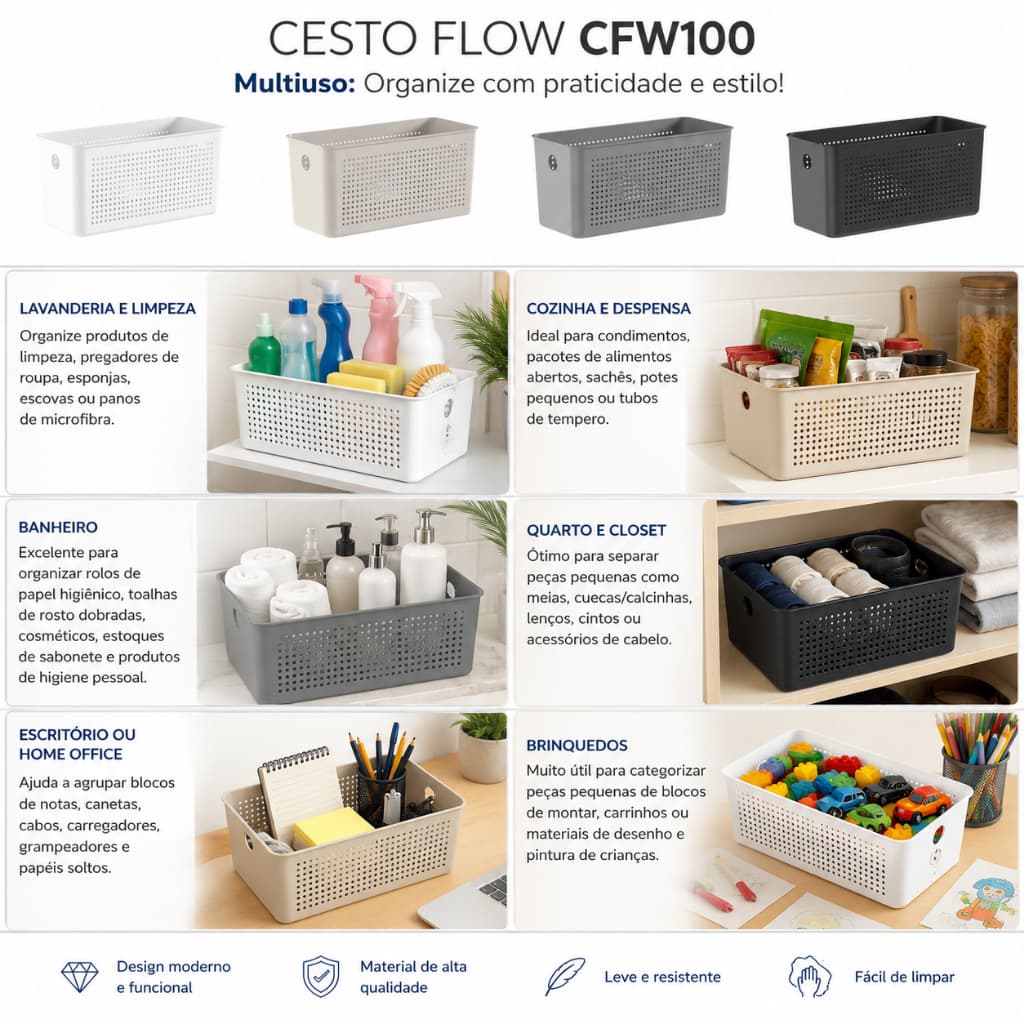 Cesto organizador 3L Flow OU - lavanderia produtos de limpeza, banheiro, roupas, closet, alimentos despensa, brinquedo
