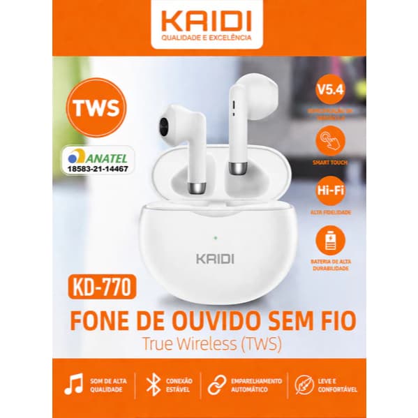 Fone Bluetooth Kaidi KD‑770 Original TWS Sem Fio Bluetooth 5.4, fone de ouvido in‑ear branco com som estéreo