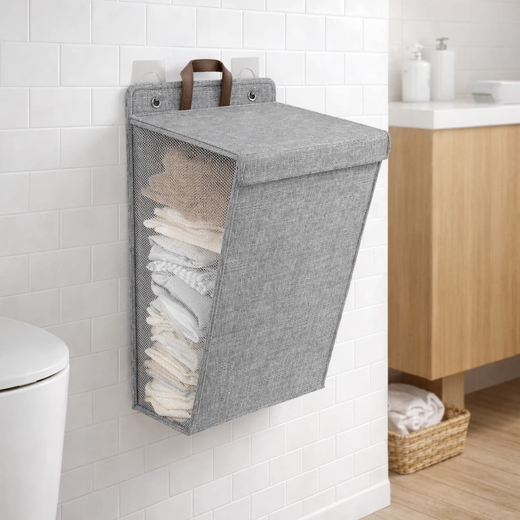 Cesto de Roupa Suja Suspenso de Parede Dobrável com Tampa - Organizador Porta Roupas Banheiro Lavanderia Quarto Flexível