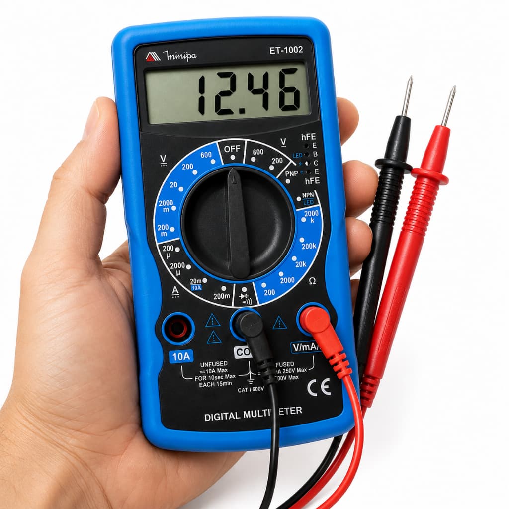 Multímetro Digital Minipa ET-1002 CAT I 600V Teste Continuidade Diodo Transistor Tensão Corrente Resistência