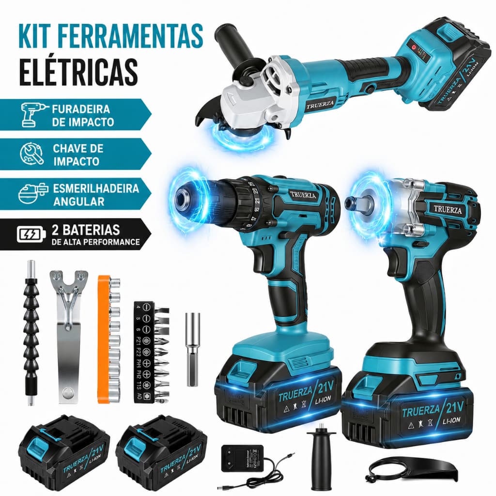 Kit Ferramenta Elétrica 3 em1 Sem Fio Profissional 21V 2 Baterias Furadeira Chave de Impacto Esmerilhadeira Kit Completo