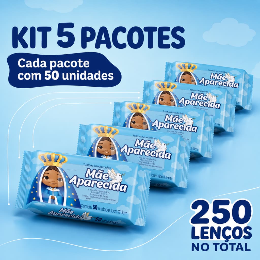Kit 5 Pacotes Lenço Umedecido Mãe Aparecida 250 Folhas Toalhinhas Umedecidas Bebê Uso Diário