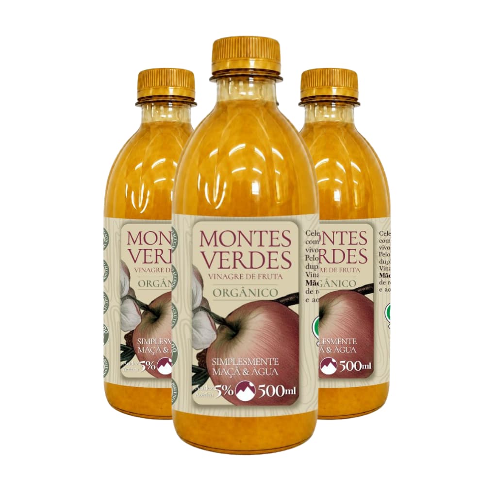 KIT 3X Vinagre de Maca 100% Orgânico 500ml Puro Vegano Montes Verdes 5% Acidez Ajuda Emagrecer Saúde