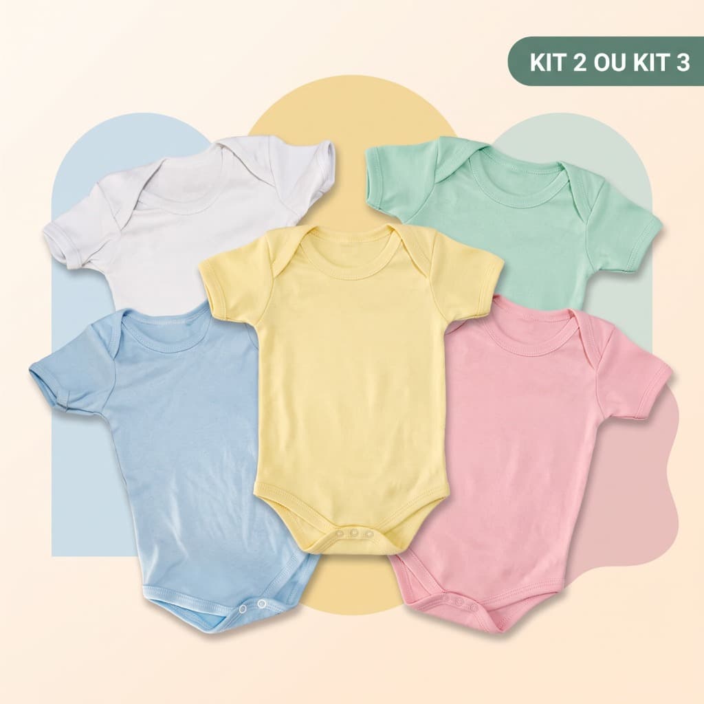 Kit 2 e 3 Body Infantil Bebe Manga Curta Básico Liso Enxoval Dia a Dia Confortável