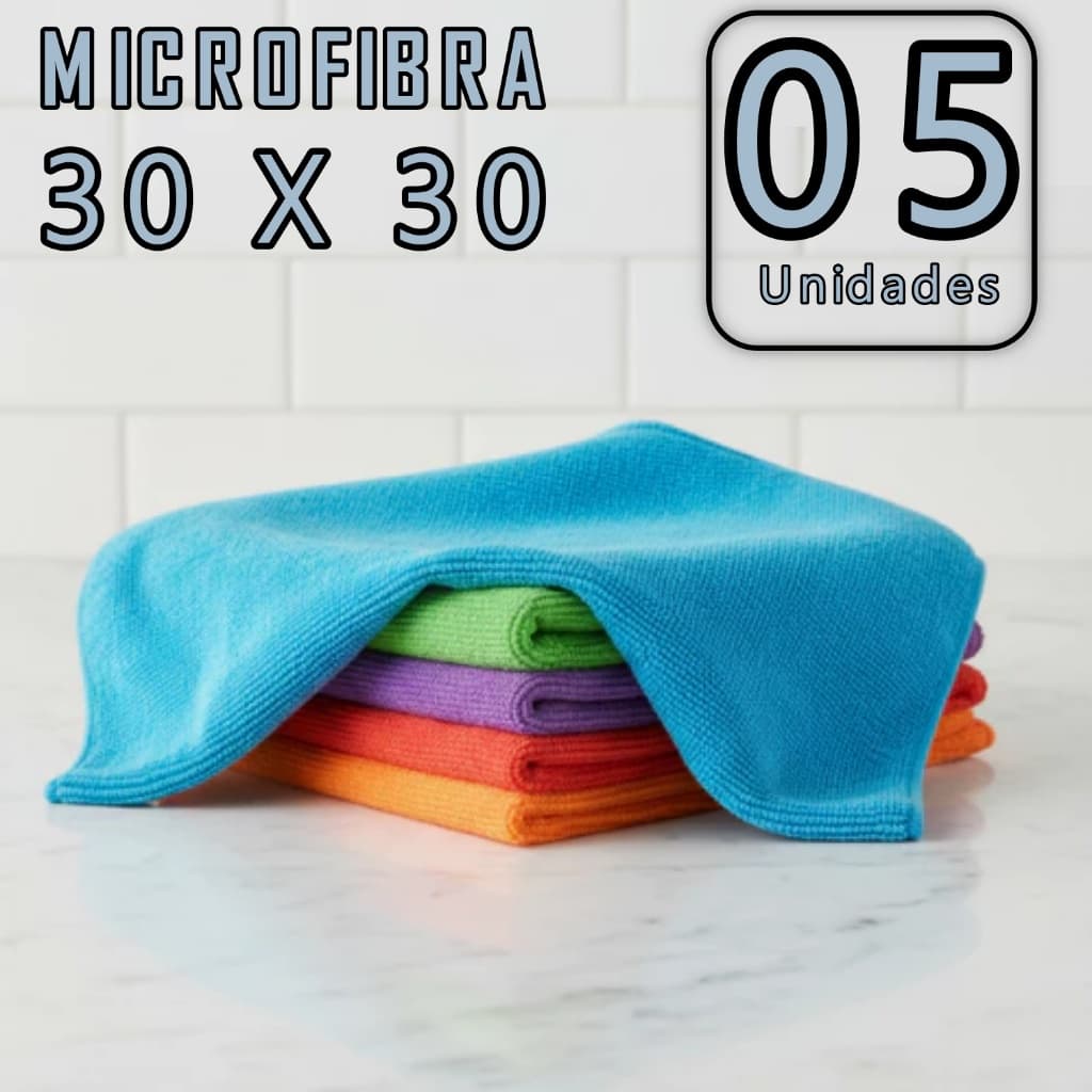 Kit 5 Panos de Microfibra 30x30cm Cores Variadas Multiuso para Limpeza Casa Carro Vidros Móveis
