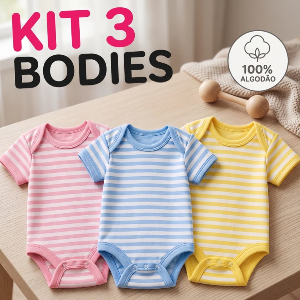 Kit 3 Bodies Bebê Listrados Manga Curta 100% Algodão Menina