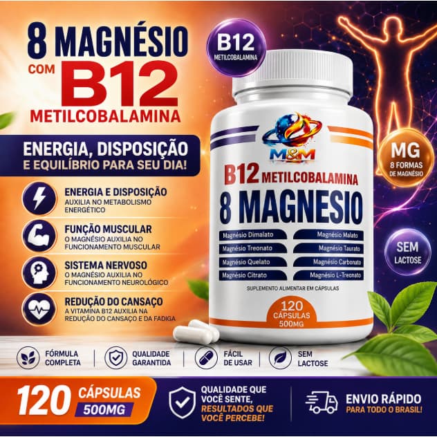 8 Magnésios + vitamina b12 original Metilcobalamina 120 OU 60 Cápsulas