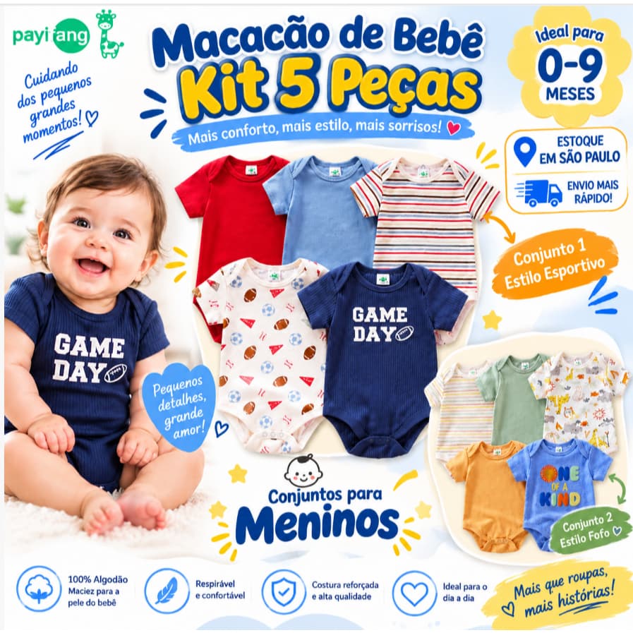 Payifang Kit 5 Body Bebê Enxoval 100% Algodão Puro Estampado Listrado Dinossauro Carro Tam 0-9 Meses Roupa Infantil Unis