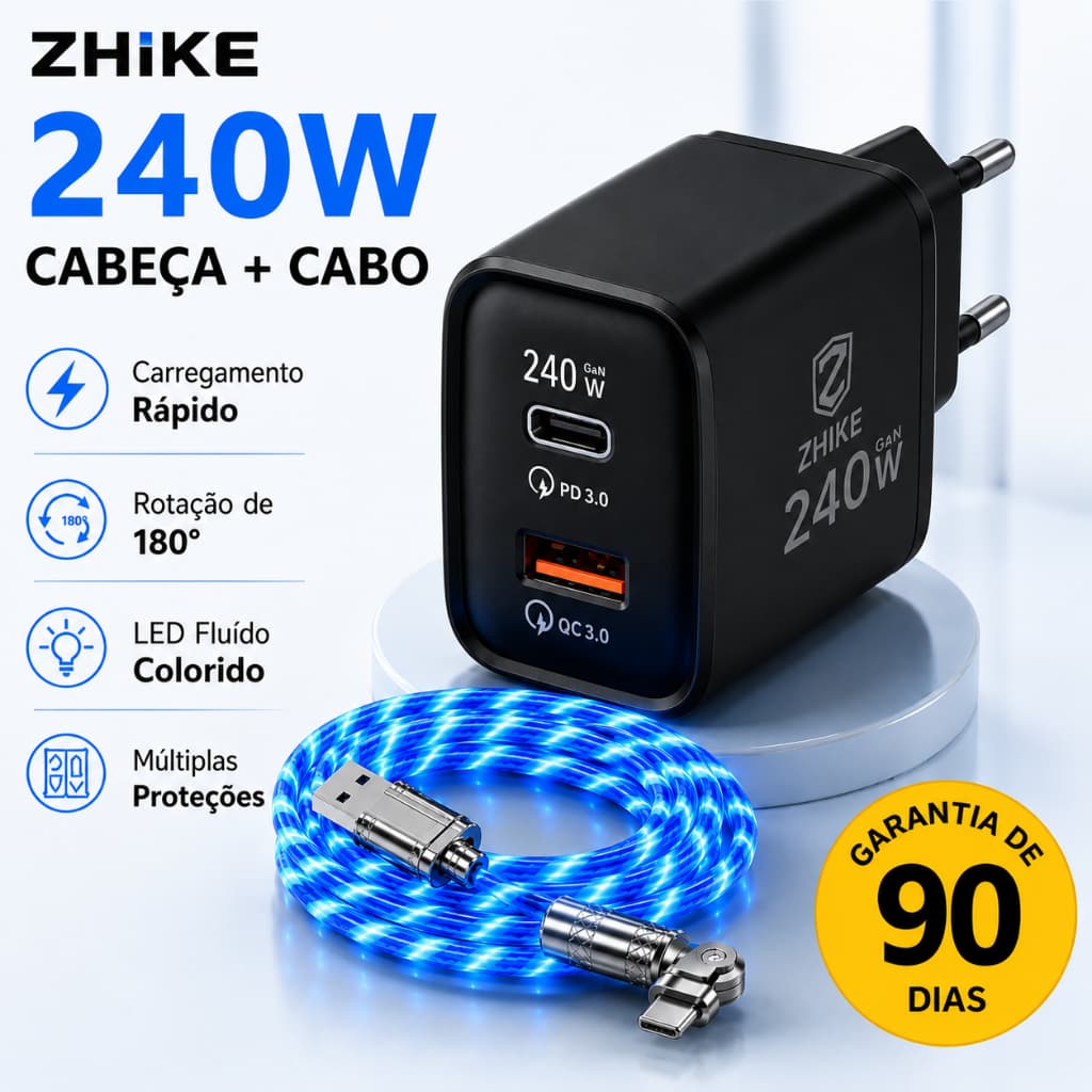 Carregador Celular Kit 240W ZHIKE Cabo Tipo C V8 Carregamento Rápido Dados GaN Adaptador Para Tipo C Power Delivery 1,5M