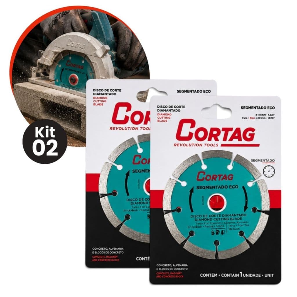 Kit 2 Peças Disco De Corte Cortag Segmentado 110mm Para Concreto Bloco Tijolo Alvenaria Serra Mármore Profissional
