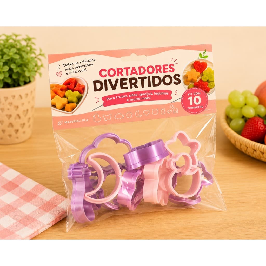 kit 10 cortadores de frutas e legumes infantil divertido (biscoitos, massinha de modelar, pasta americana)